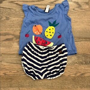 EUC Tea Collection Kids Fruit Print Blue Top and Striped Shorts Set